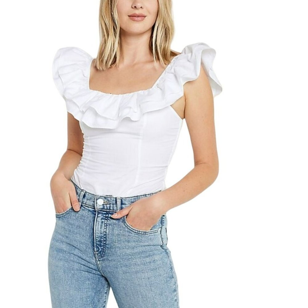 Express Bodysuit Poplin Ruffle Sleeve Thong Bodysuit White Size Small